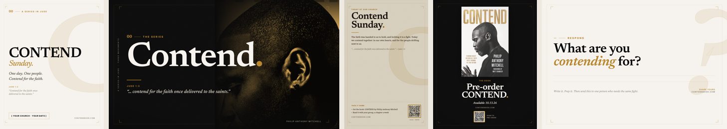 Slides, social posts, bulletin insert, and response card from the Contend Sunday kit